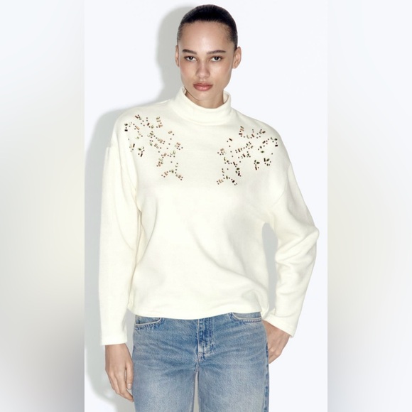Zara Sweaters - ZARA EMBELLISHED KNIT ECRU JEWEL SWEATER W/RHINESTONES | MOCK TURTLENECK | XL